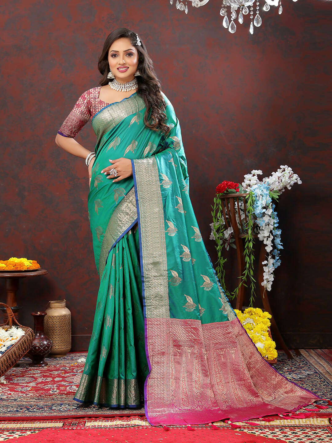 Lorenvalley Fashion Teal Soft Silk Woven Design Zari Weaving Saree - Swadesiicart