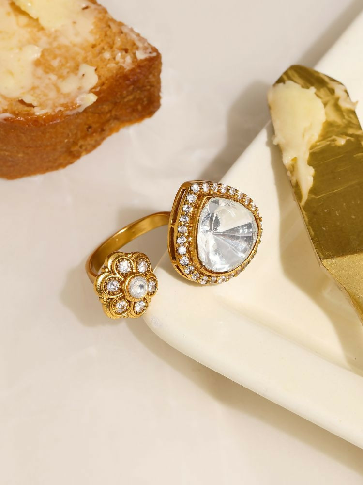 Kundan Gold Plated Hexagon and Pear Ring - Ruby Raang | Swadesiicart