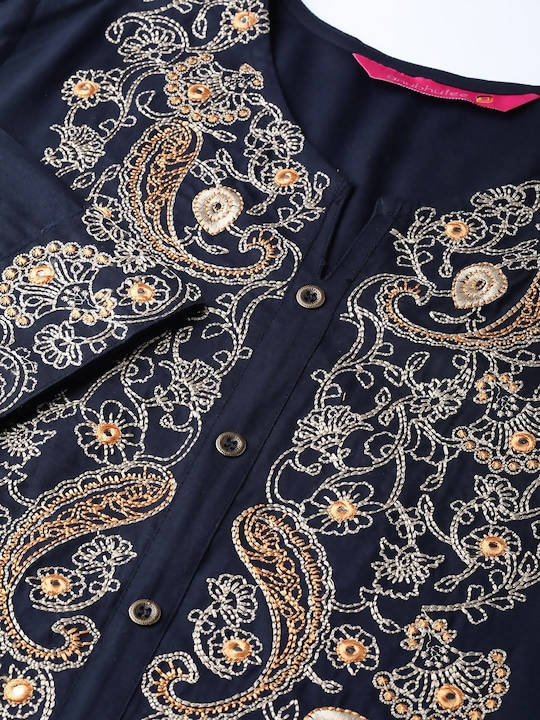 Indian Clothing Anubhutee Navy Blue Paisley Floral Embroidery Kurta Set - Swadesiicart