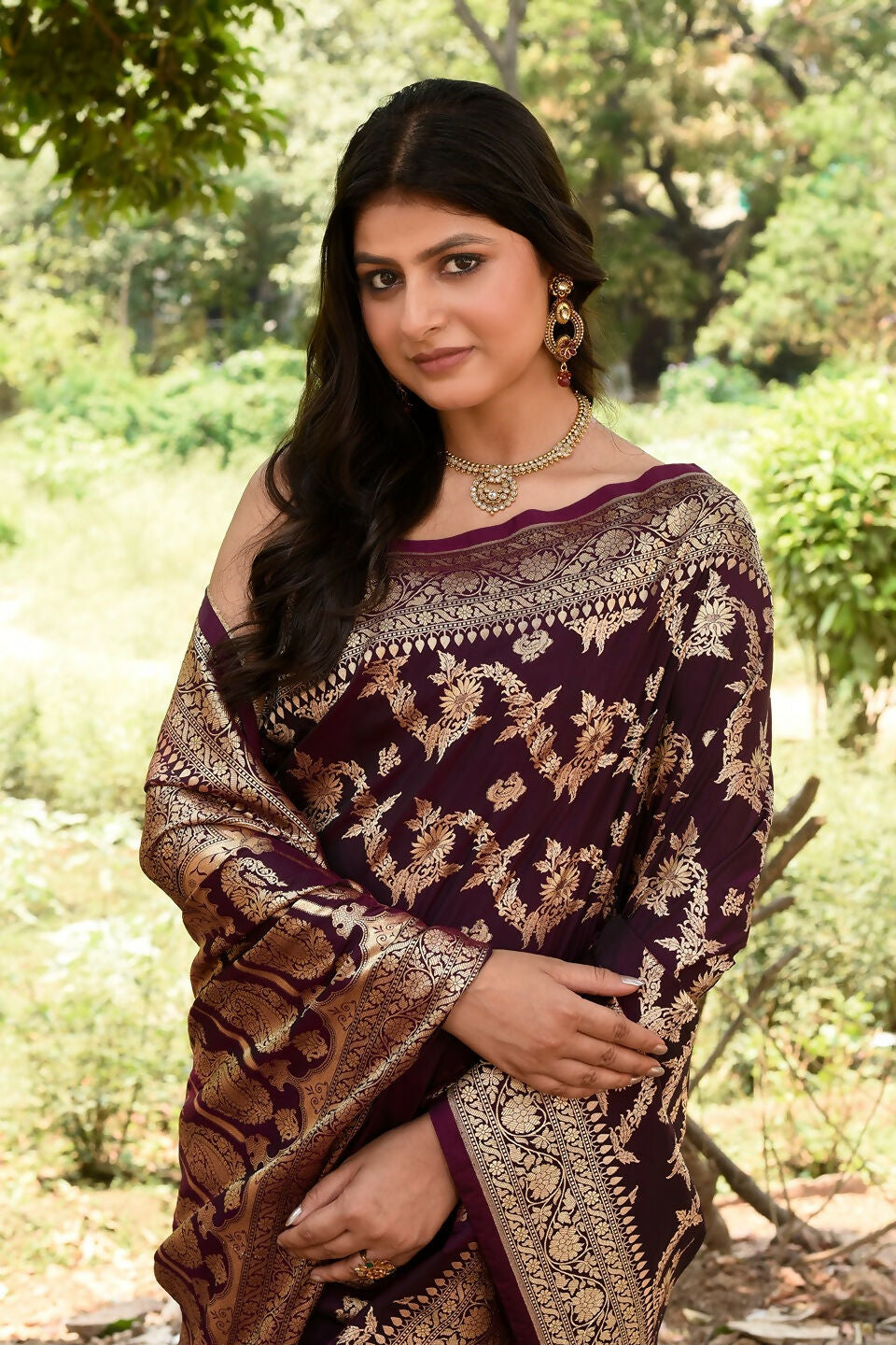 Joban Fashion Wine Banarasi Soft Pure Handloom Banarasi Silk Saree | Swadesiicart