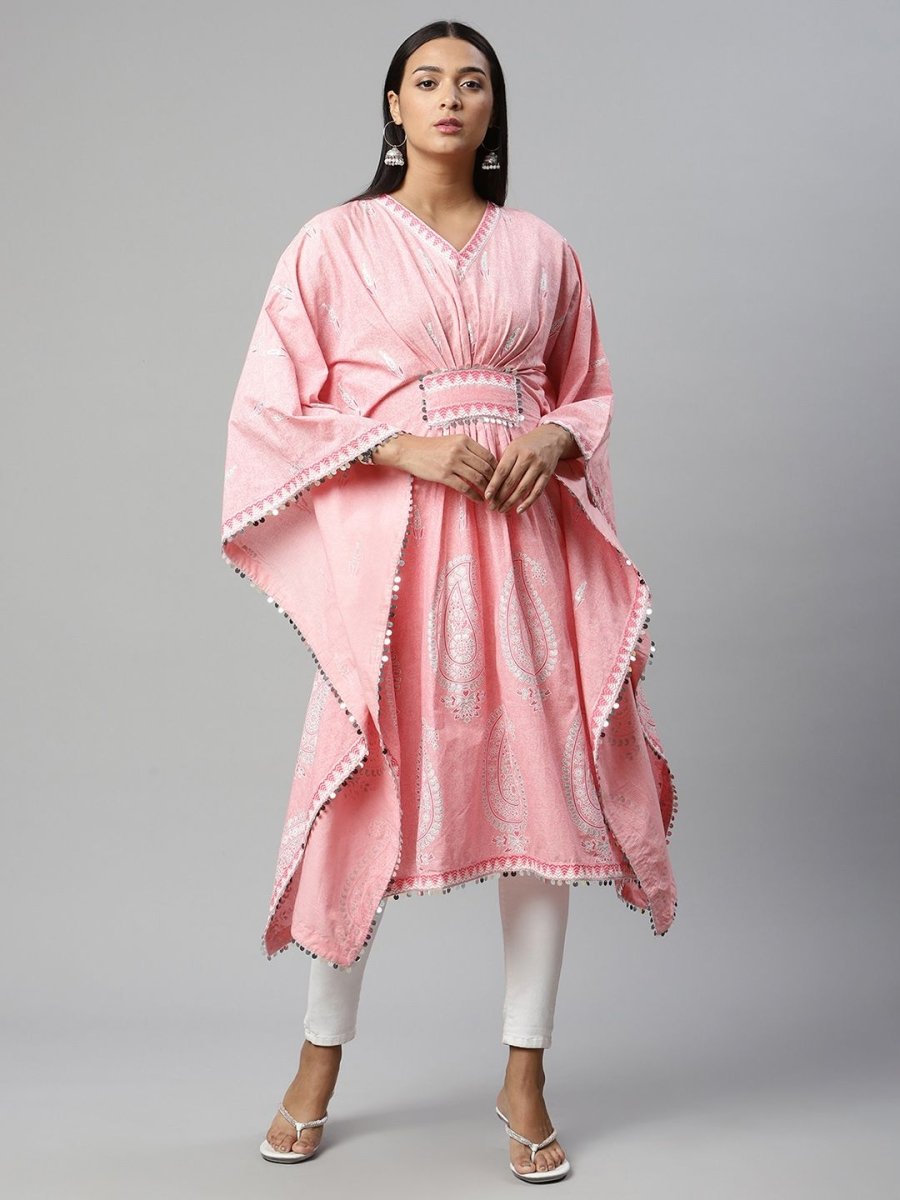 Ahalyaa Women Pink Pure Cotton Printed Kaftan Kurta | Swadesiicart
