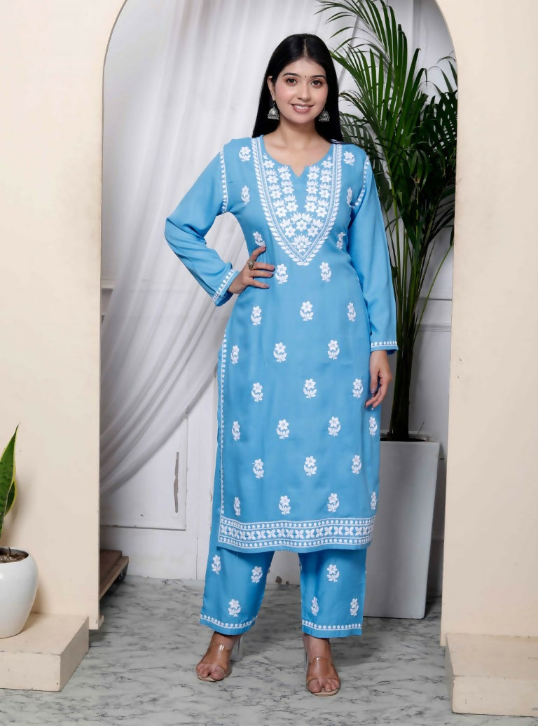 Miravan Women's Chikankari Embroidery Sky Blue Straight Kurta And Palazzo | Swadesiicart