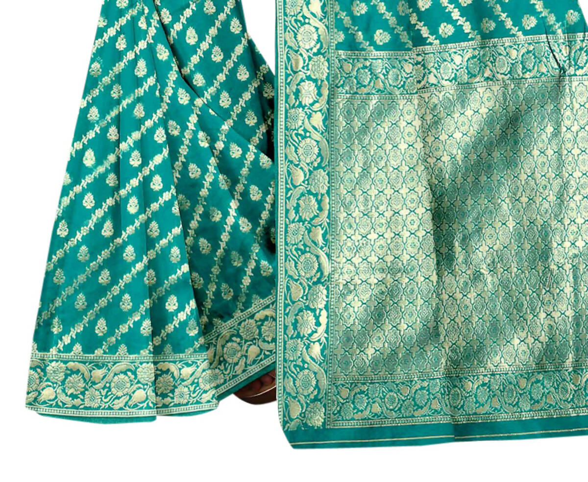 Vamika Weaving Banarasi Jacquard Rama Green Saree | Swadesiicart