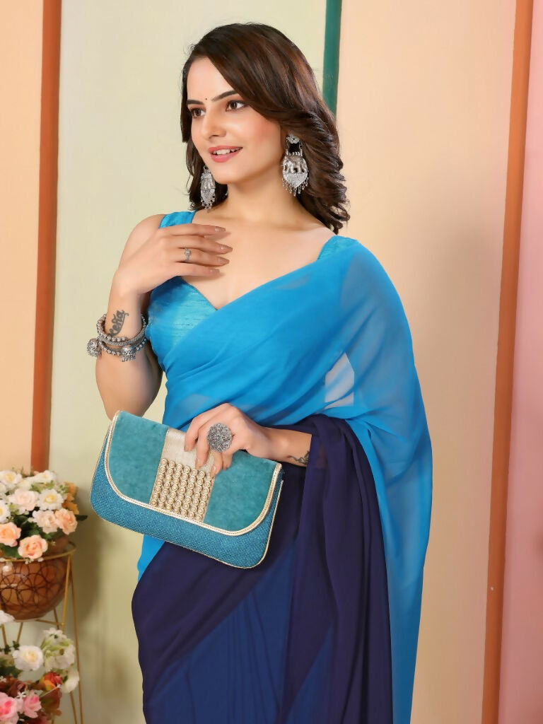 Blue Georgette Pedding Color Printed Ready To Wear Saree - Aalaya | Swadesiicart