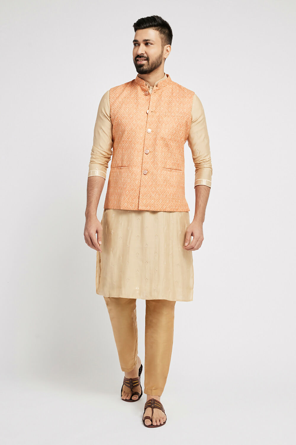 Ethnic India Orange Bundi Men's Jacket Abstract Blended | Swadesiicart