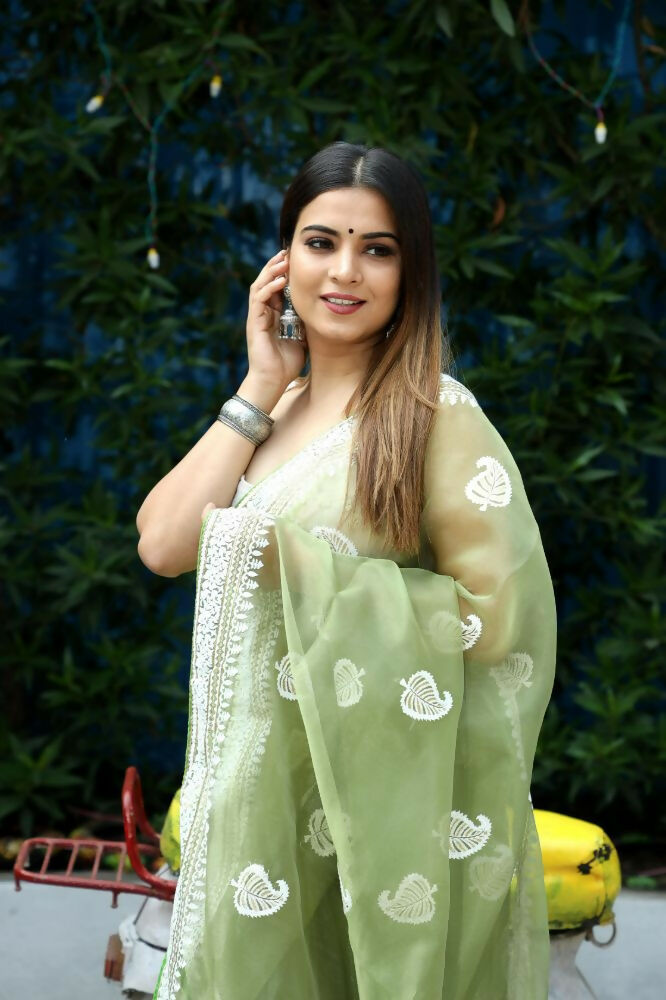 Vamsee Cotton Kerry Green Organza Saree - Swadesiicart