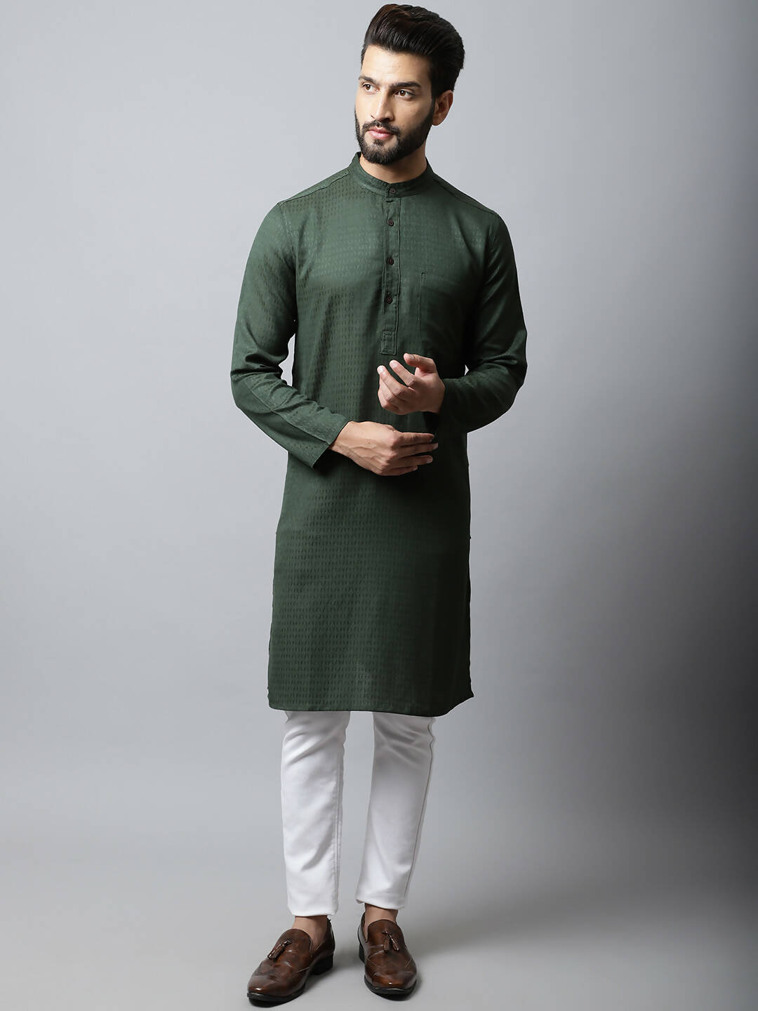 Even Apparels Green Color Viscose Pure Cotton Men's Kurta With Band Collar (SLD1197) | Swadesiicart