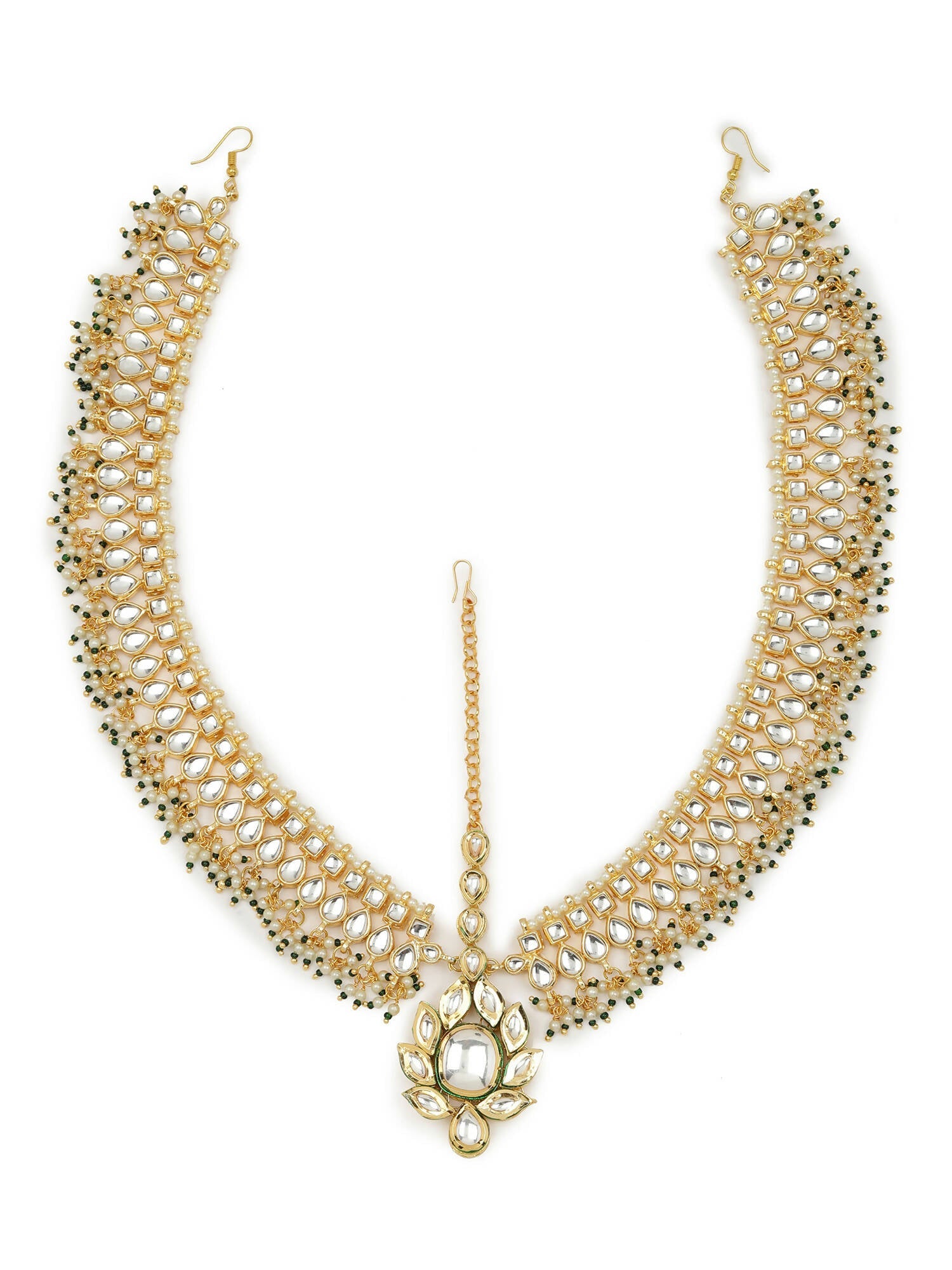 Gold-Polished Green White Kundan-Studded Beaded Matha Patti - Ruby Raang | Swadesiicart