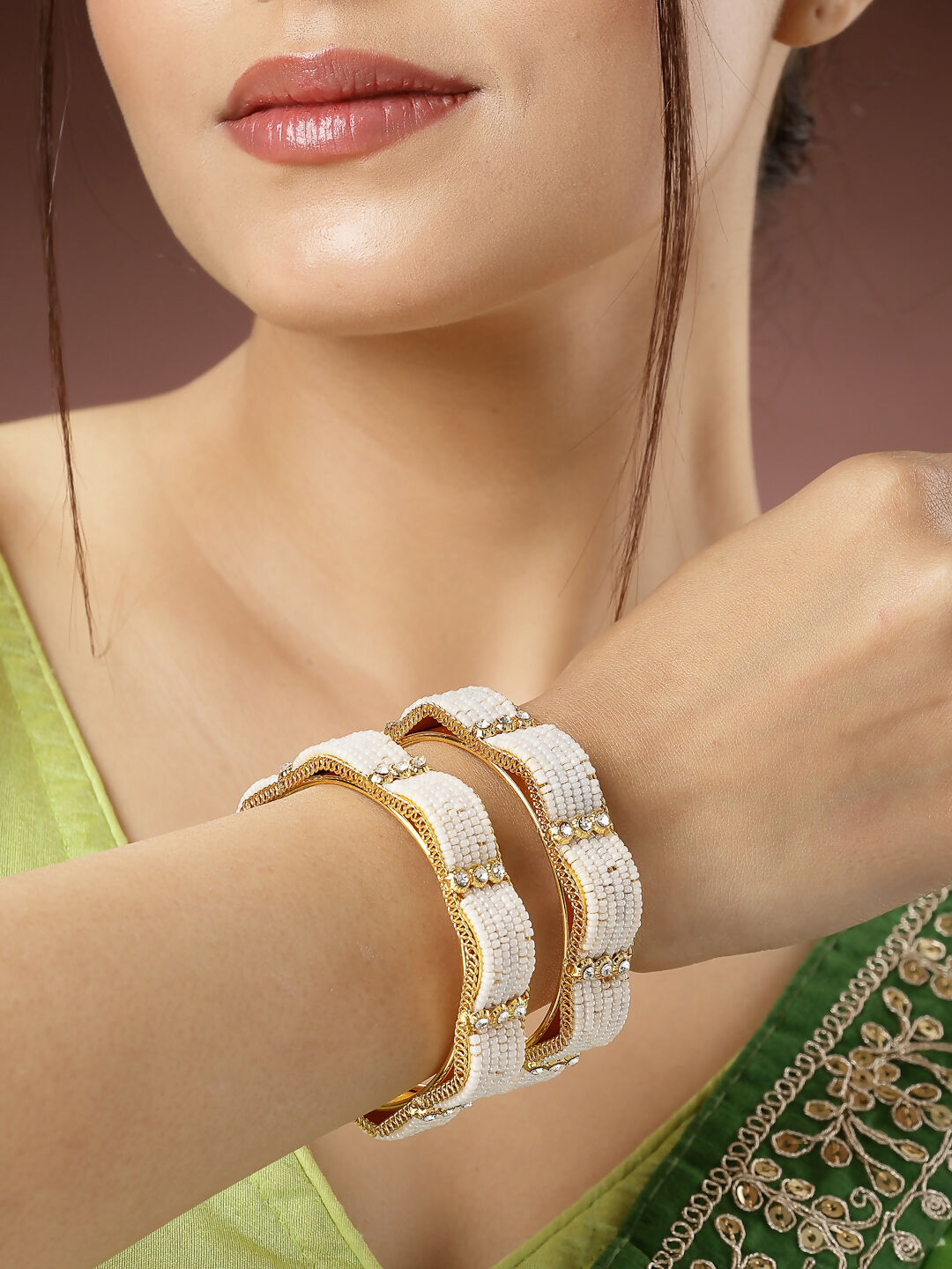 NVR Women's Set of 2 Gold-Polished Pearl Handcrafted Traditional Bangles - Swadesiicart