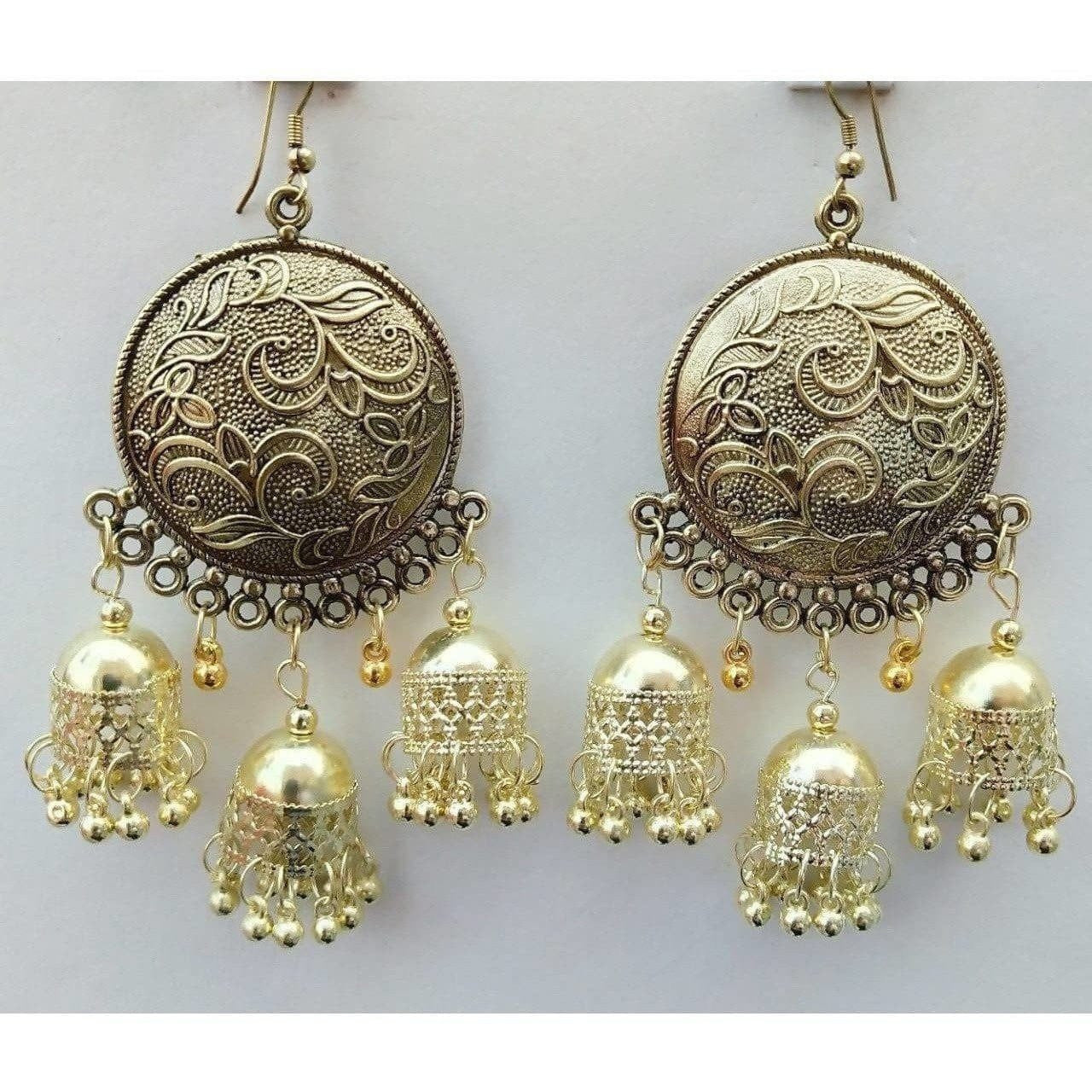 MS Fashion India Gold-Polished Triple Jhumka Round Shape Chandbali Earrings | Swadesiicart