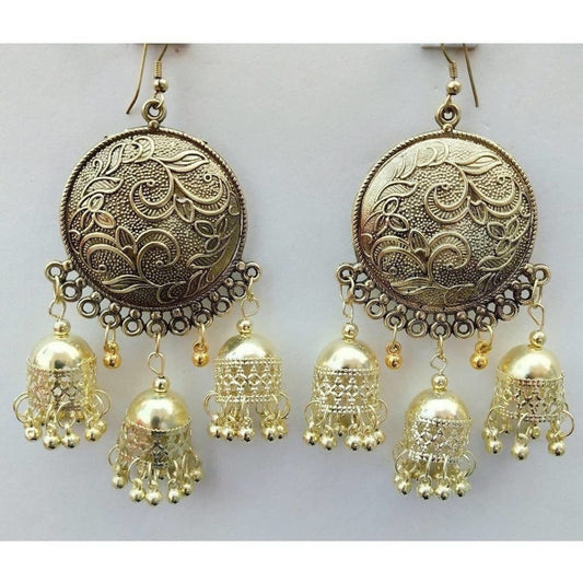 MS Fashion India Gold-Polished Triple Jhumka Round Shape Chandbali Earrings | Swadesiicart