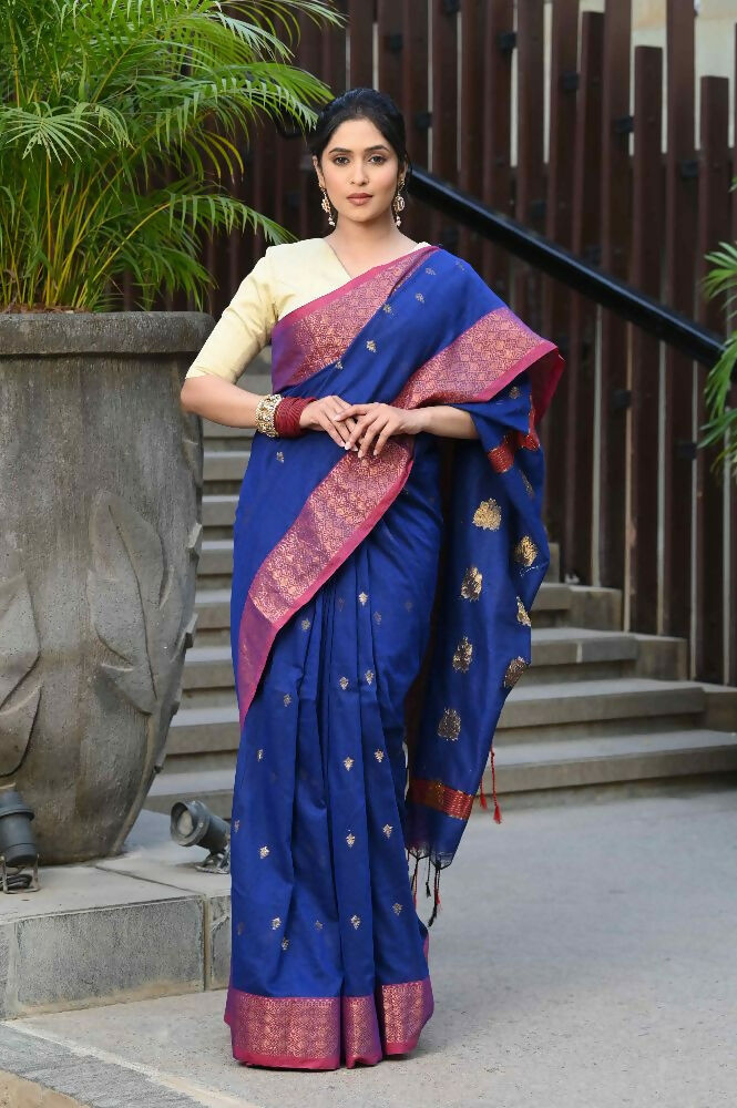Beatitude Blue Cotton Banarasi Saree | Swadesiicart