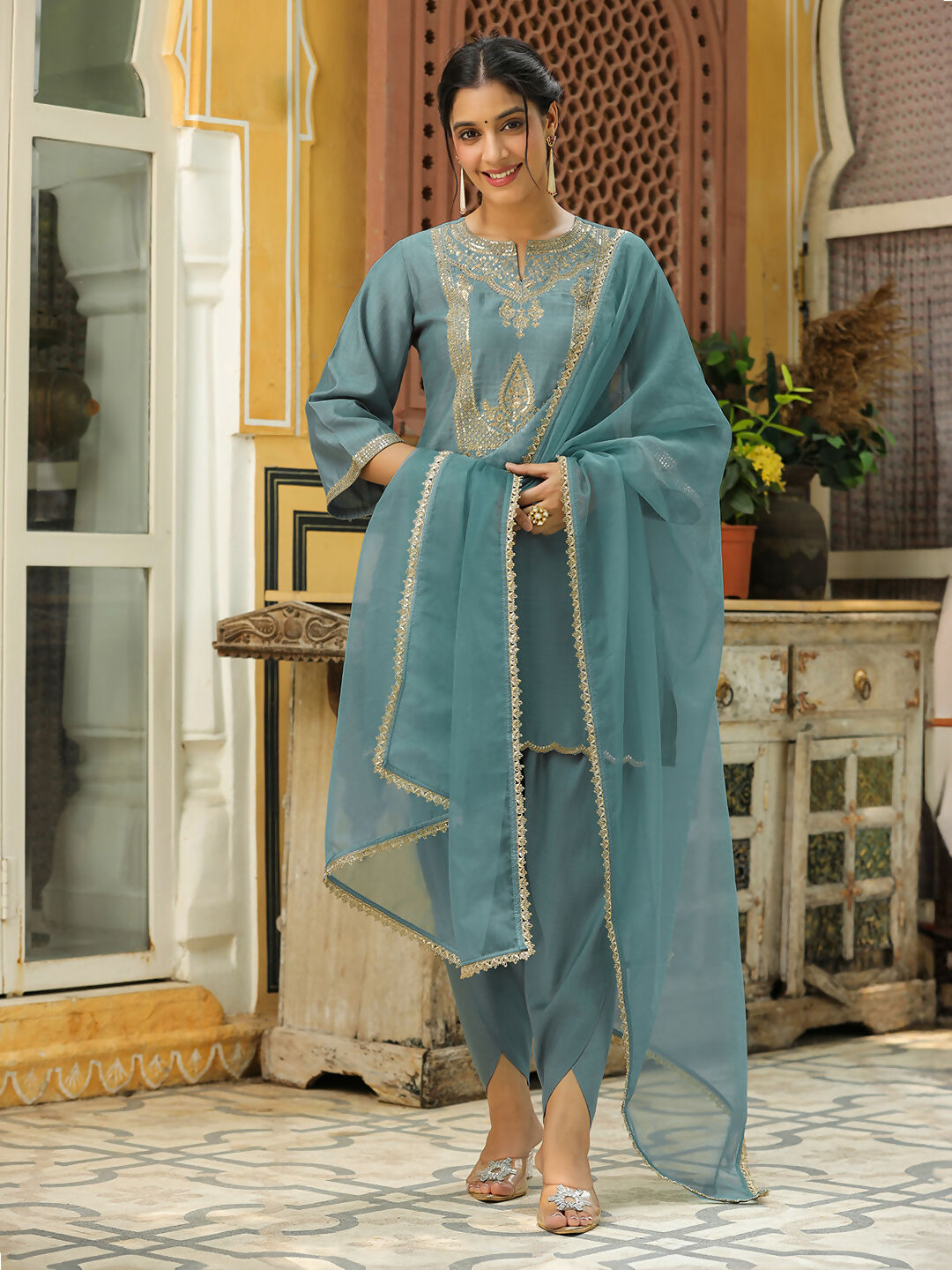 Janasya Light Blue Silk Blend Solid Kurta,Bottom & Dupatta | Swadesiicart