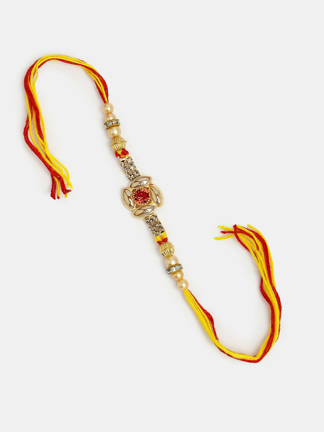 NVR Women & Men Set of 2 Red & Gold-Toned Stone-Studded Bhaiya Bhabhi Rakhi With Roli Chawal & Chocolate | Swadesiicart