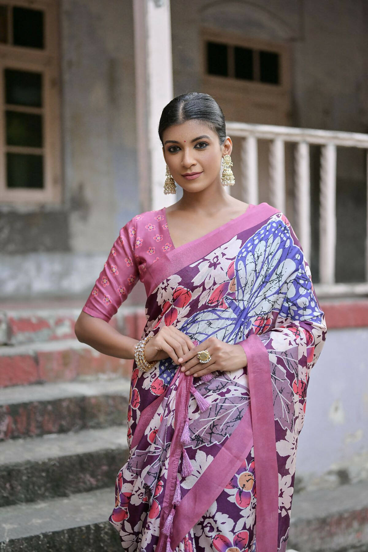 Vishnu Weaves Women's Wine Cotton Silk Printed Saree with Blouse - Swadesiicart