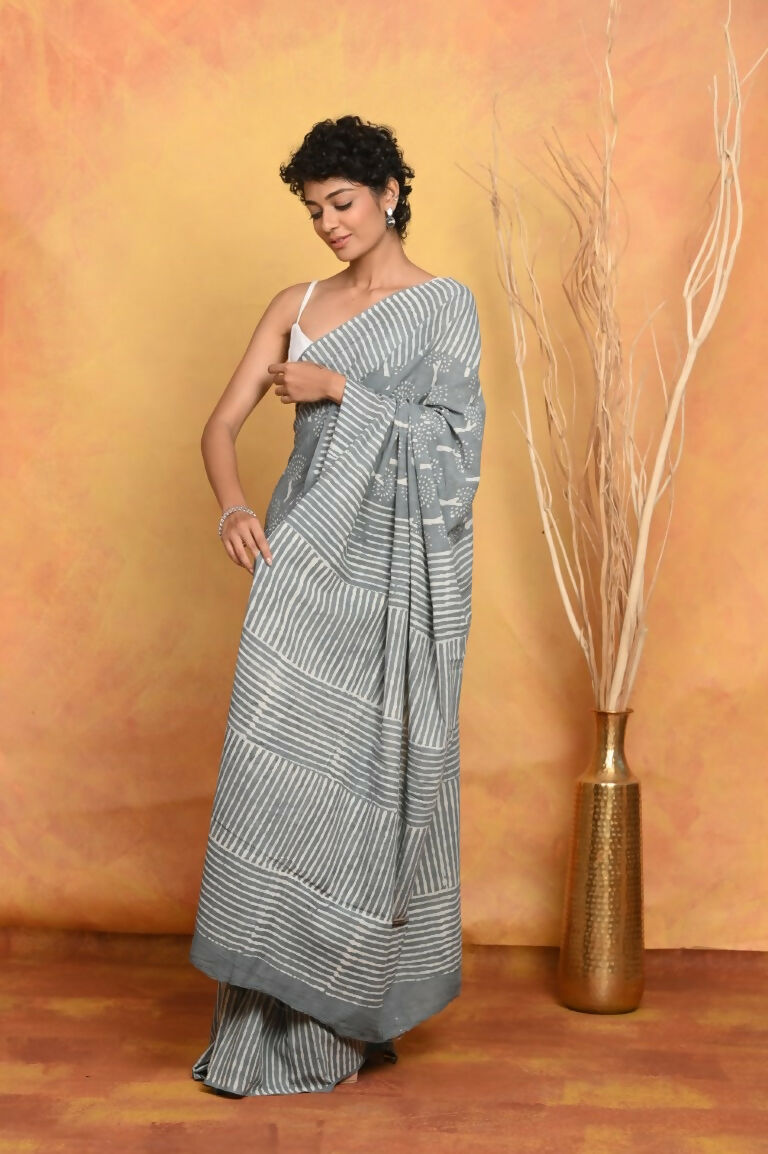 Very Much Indian Handblock Printed Cotton Saree With Natural Dyes - Grey | Swadesiicart