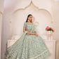 Aastha Fashion Turquoise Green Butterfly Net White Cotton Thread Work, Zari Work And Sandwich Sequence Work Embroidery Wedding Wear Lehenga Choli