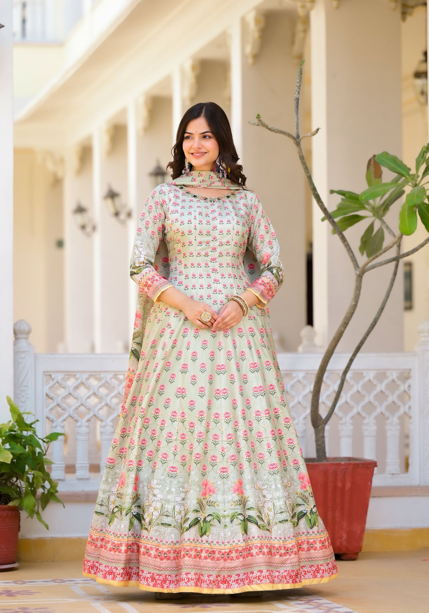 Partywear Designer Pista Dola Silk Anarkali suit with Dupatta - Samyukta - Swadesiicart