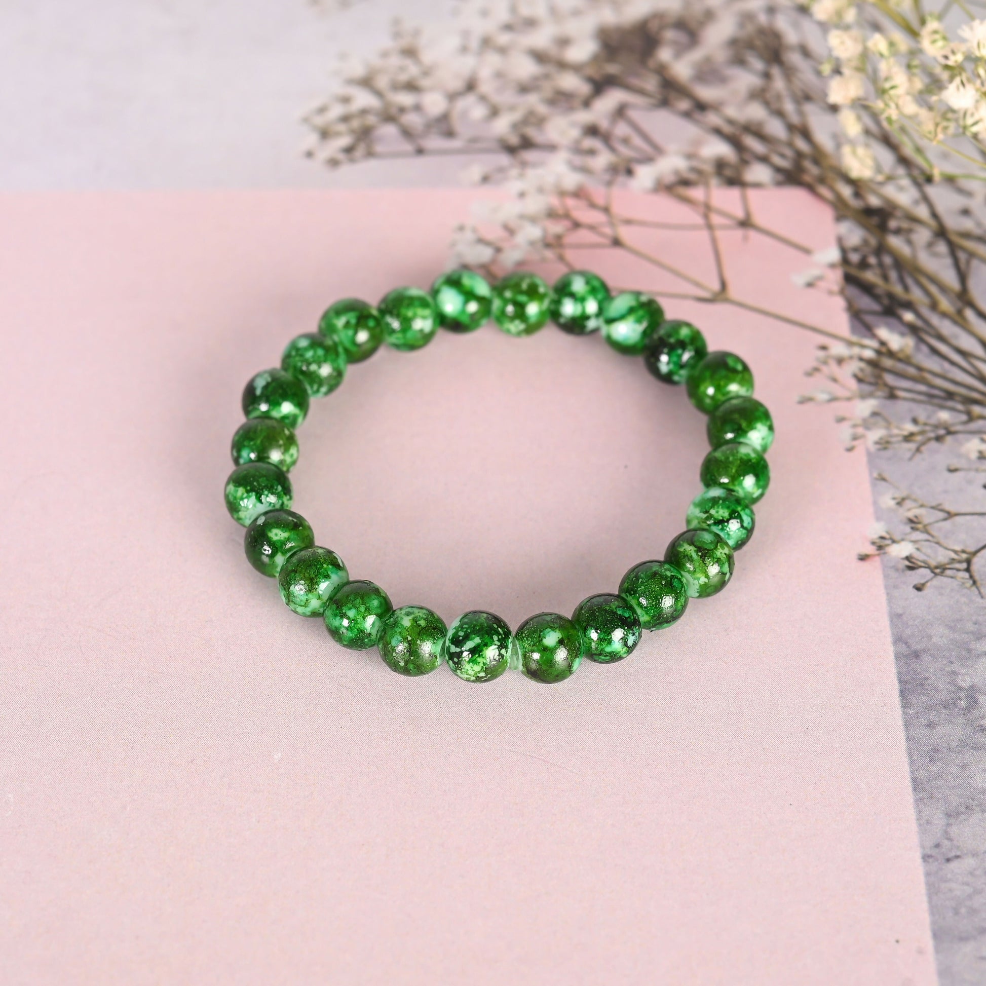 NVR Men & Women Green Marble Crystal Beaded Elasticated Bracelet - Swadesiicart