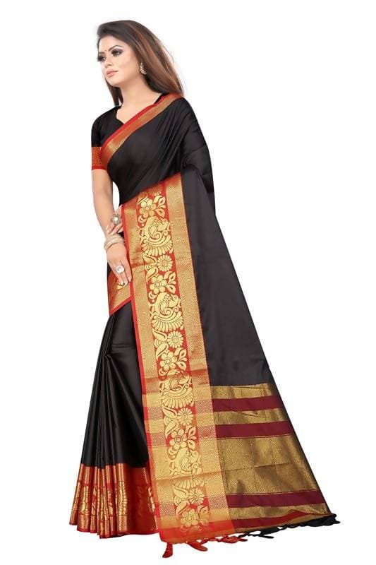 Vamika Banarasi Cotton Silk Weaving Black Saree (DOCTOR MOR BLACK) | Swadesiicart