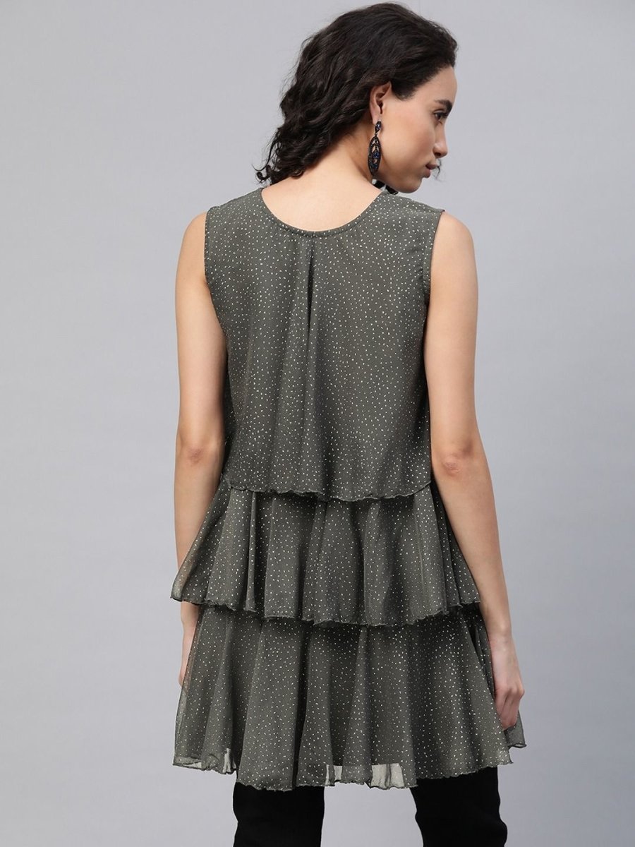 Ahalyaa Women Grey Chiffon Silver Glitter Printed Tiered Tunic | Swadesiicart