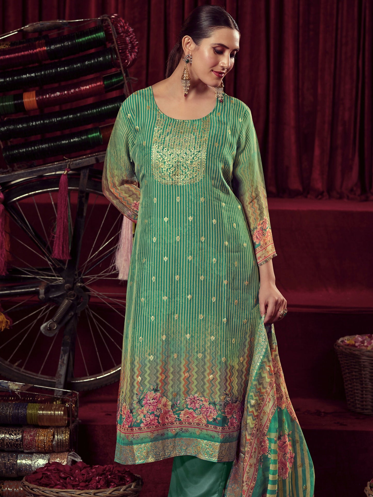 Jyoti Fashion Women's Green Organza Jacquard Woven Kurta with Trouser & Dupatta | Swadesiicart