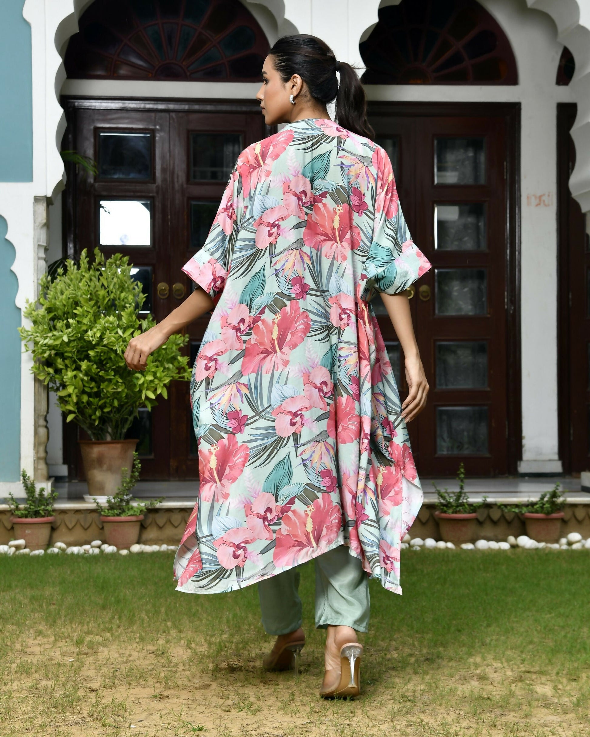 Vaasva Women's Aqua Musline Viscose Digital Printed Kaftan Pant Set | Swadesiicart