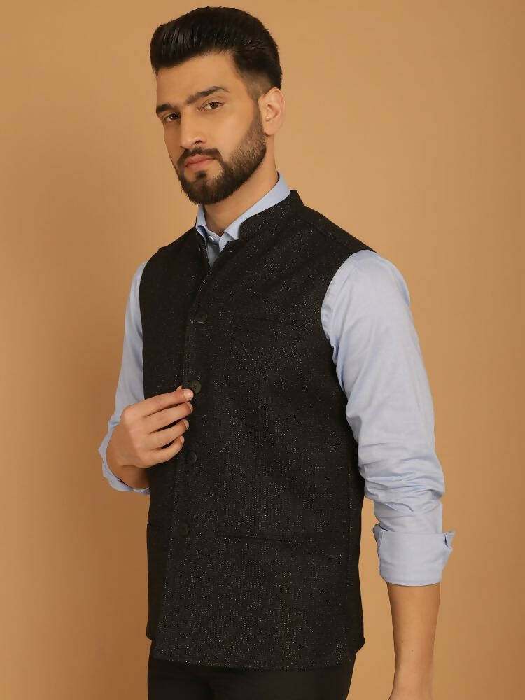Even Apparels Pure Wool Nehru Jacket - Black | Swadesiicart