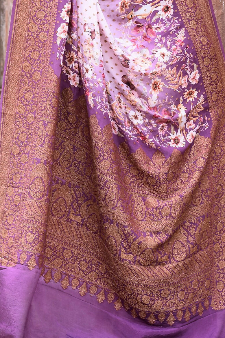 Joban Fashion Dark And Light Lilac Crepe Chiffon Pure Handloom Banarasi Silk Saree | Swadesiicart