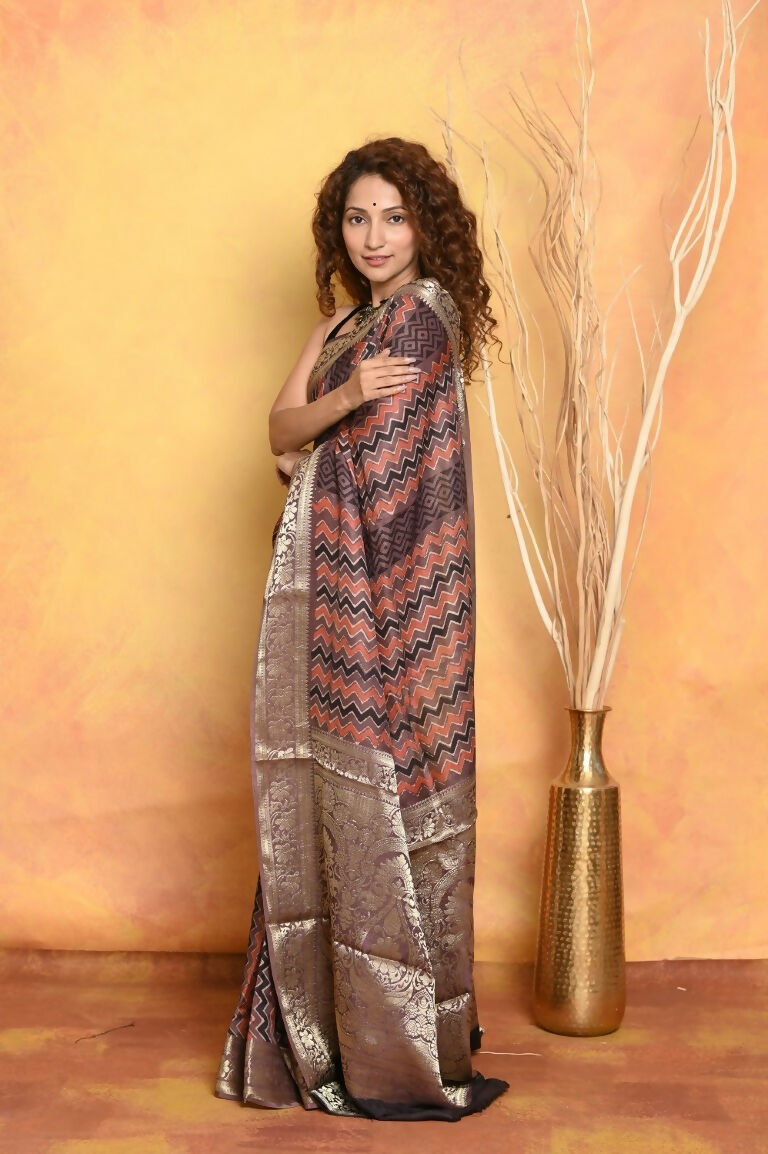 Very Much Indian Modal Silk Ajrakh Handblock Printed Natural Dyes With Designer Border Saree - Brown | Swadesiicart