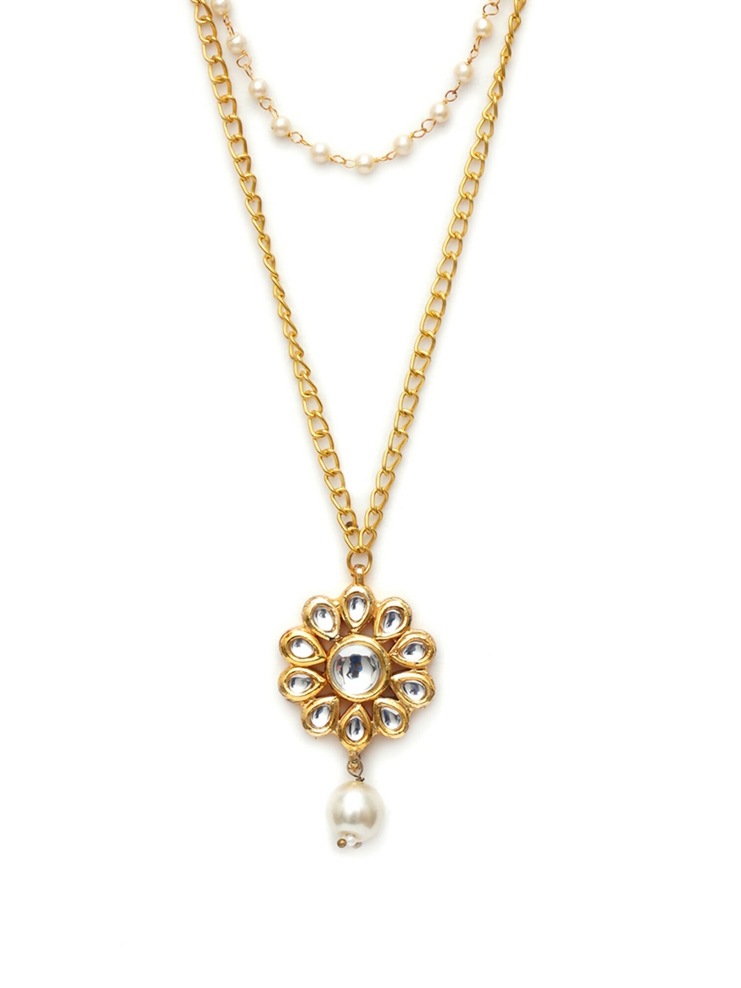 Layered Kundan and Pearl Gold Neckpiece (gold) - Ruby Raang | Swadesiicart