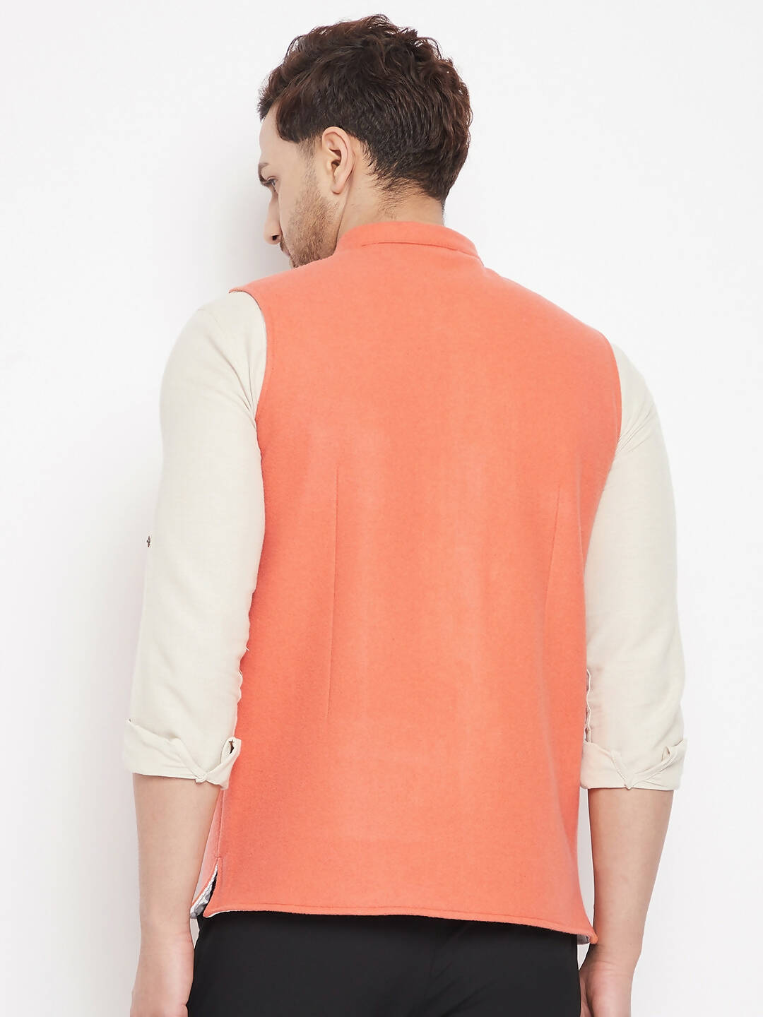 Even Apparels Orange Wool Men Woven Nehru Jacket | Swadesiicart