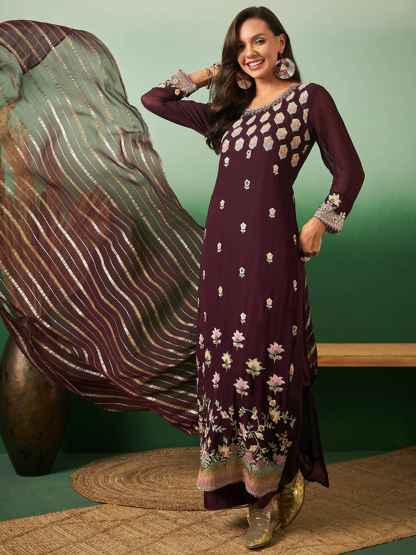 Wine Georgette Handwork Unstitched Dress Material - Hanika | Swadesiicart