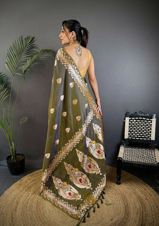 Joban Fashion Banarasi Mehendi Green Woven Soft Silk Saree | Swadesiicart