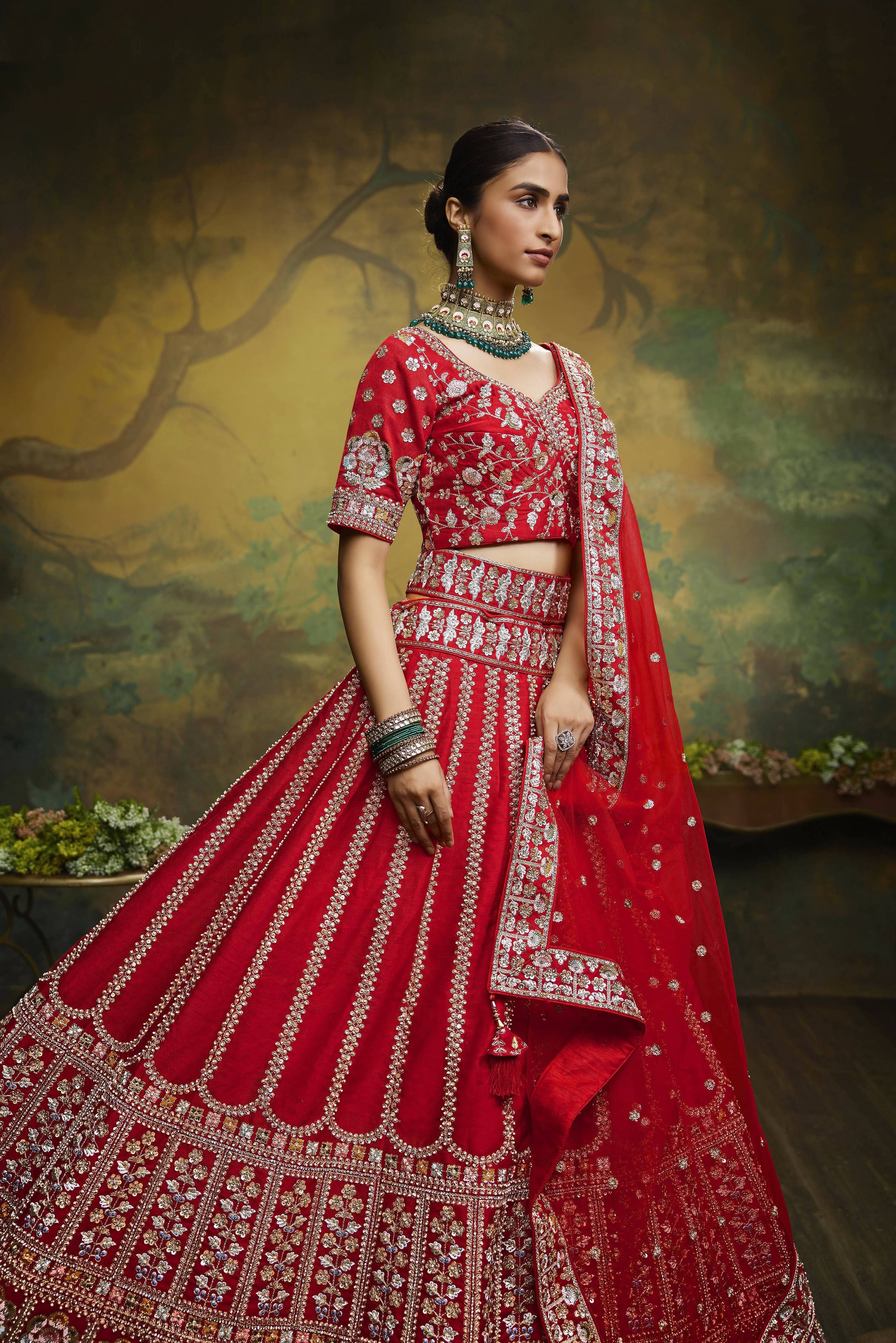 House of Panchhi Red Pure Silk Moti & Zarkan heavy embroidery Lehenga choli & Dupatta | Swadesiicart