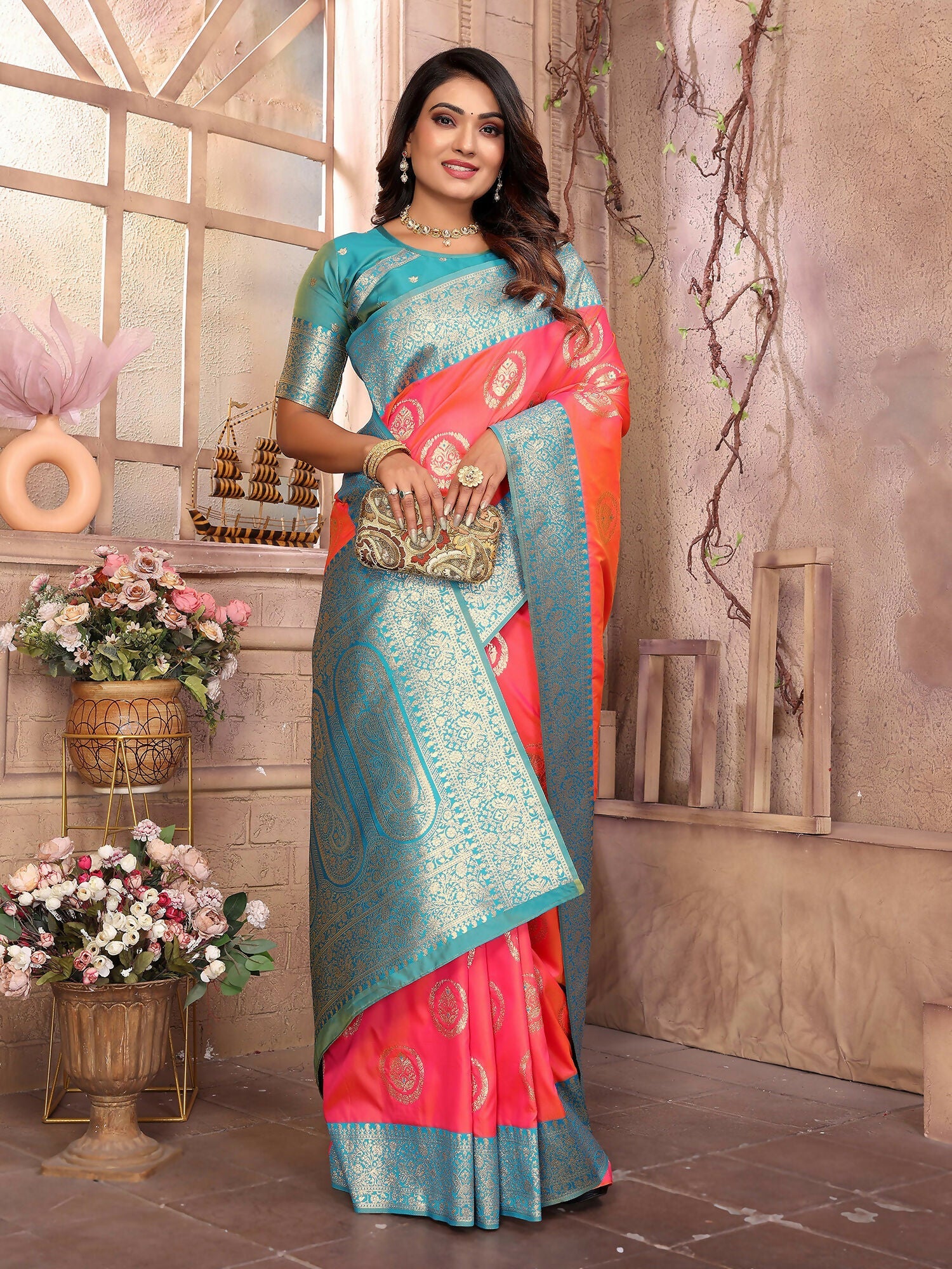 Joban Fashion Pink Banarasi Soft Silk Woven Saree | Swadesiicart
