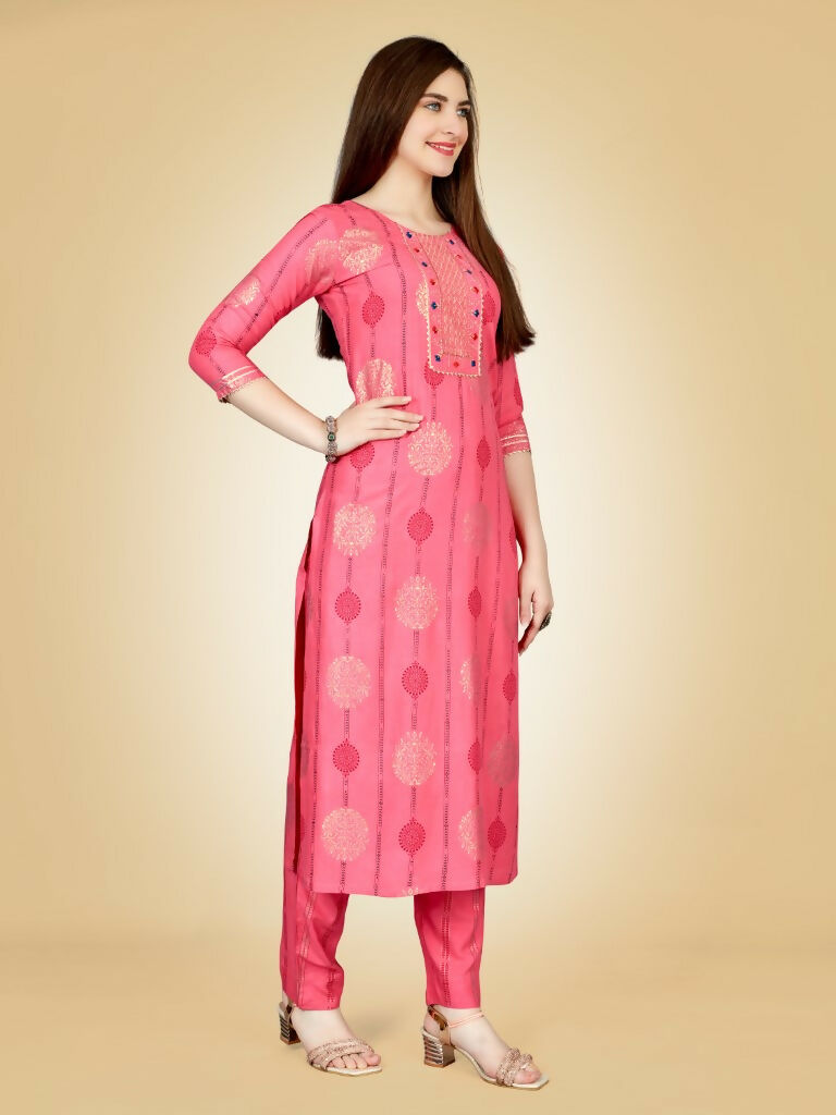 Jyoti Fashion Women's Pink Viscose Rayon Embroidered Kurta Pant Set | Swadesiicart