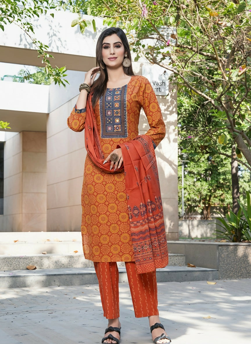 BulBul Aaliya Rust Cotton Kurta Set with Dupatta - Swadesiicart