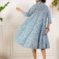 InWeave Aqua Blue Floral Grey Jaal Collar Flared Dress - Swadesiicart