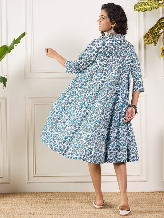 InWeave Aqua Blue Floral Grey Jaal Collar Flared Dress - Swadesiicart