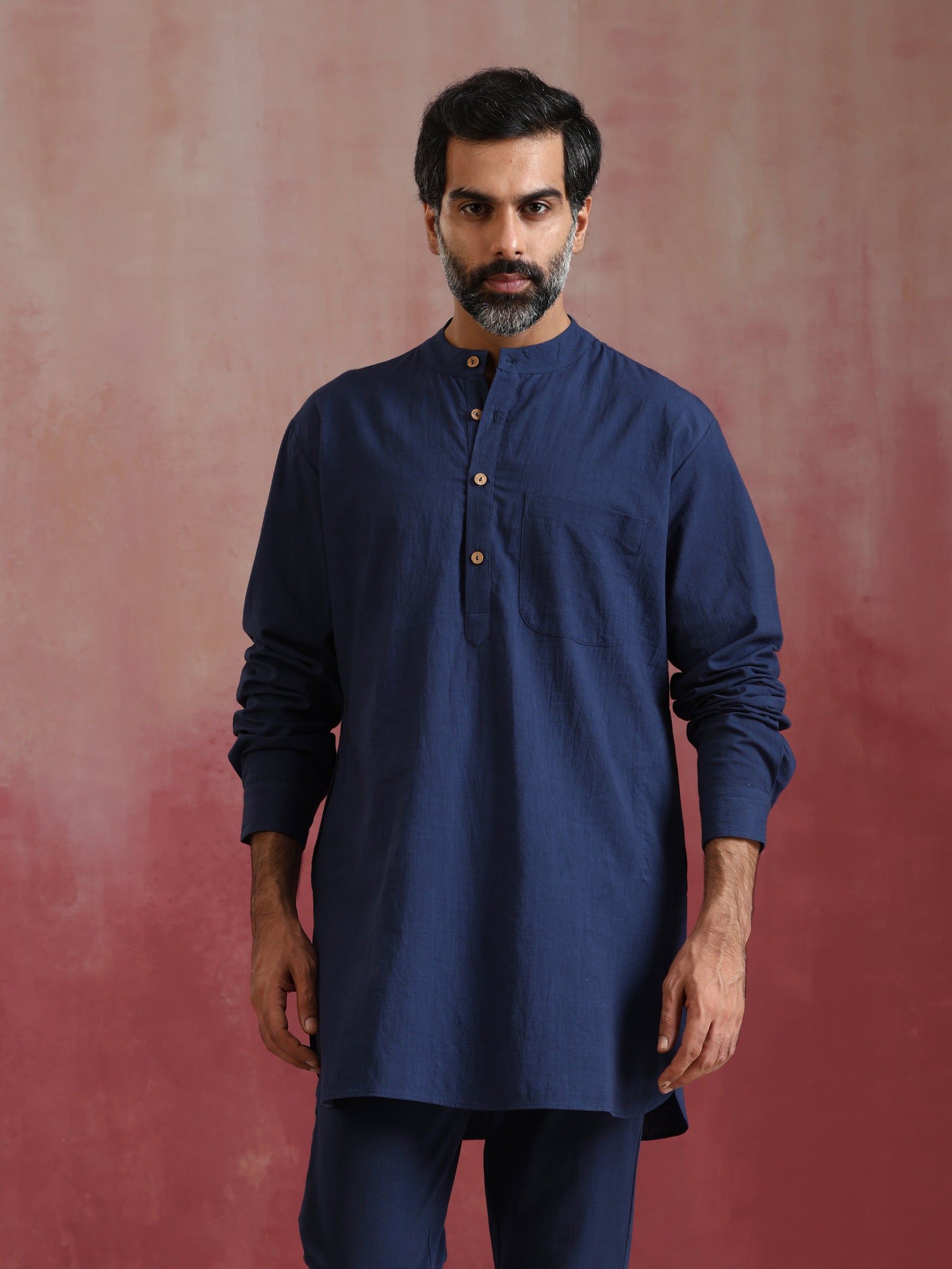 trueBrowns Men's Navy Cotton Mandarin Collar Kurta Co-ord set - Swadesiicart