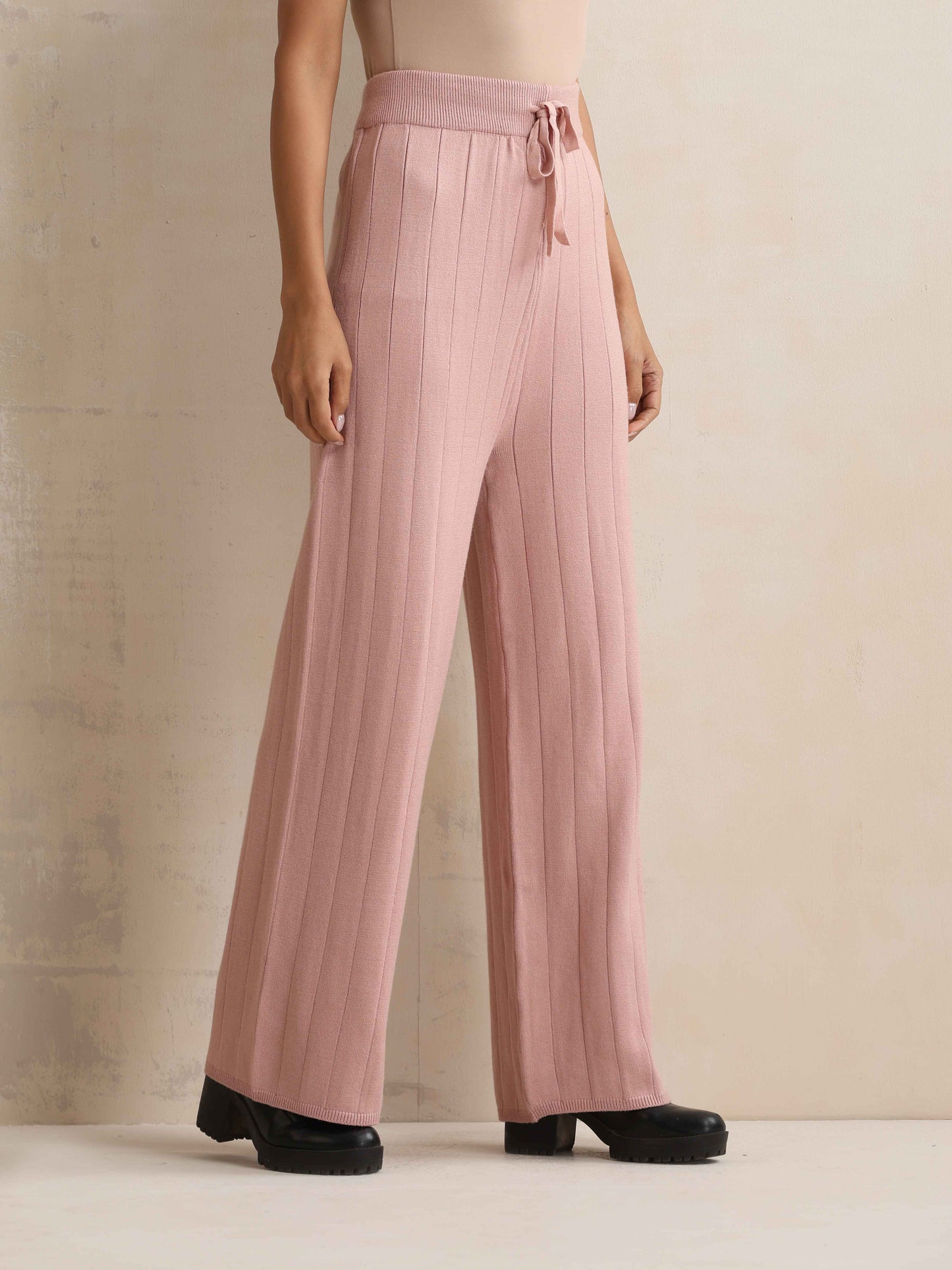 trueBrowns Pink Woollen Flared Pants | Swadesiicart