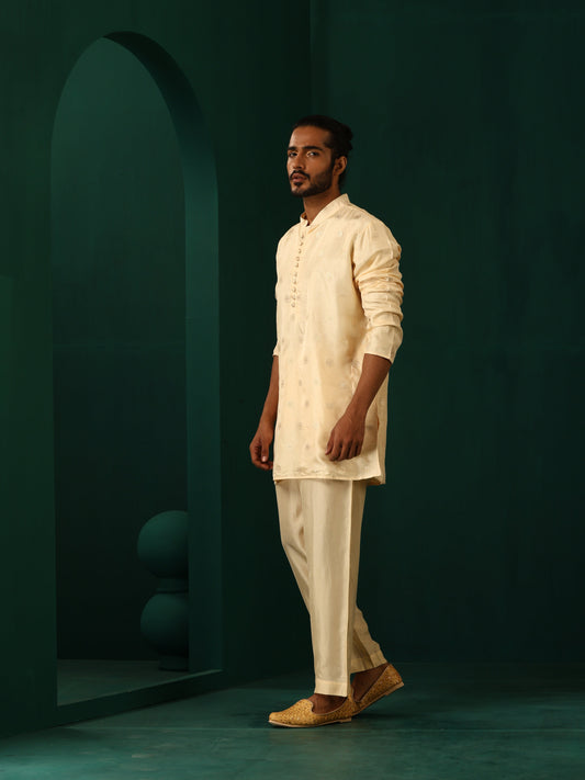 trueBrowns Men's Ivory Geometric Floral Viscose Silk Co-ord Set - Swadesiicart