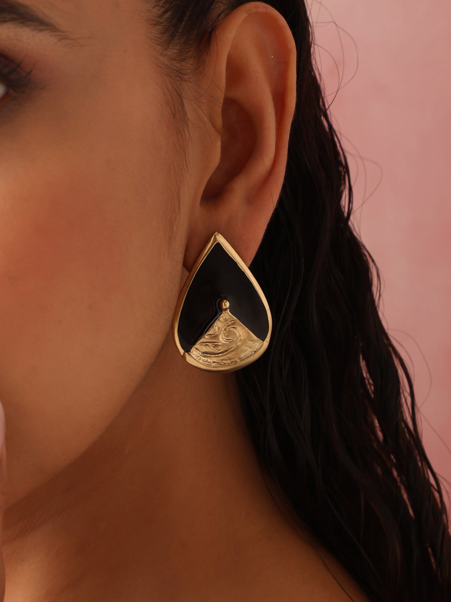 trueBrowns Brass Black Stone Drop Stud Earrings - Swadesiicart