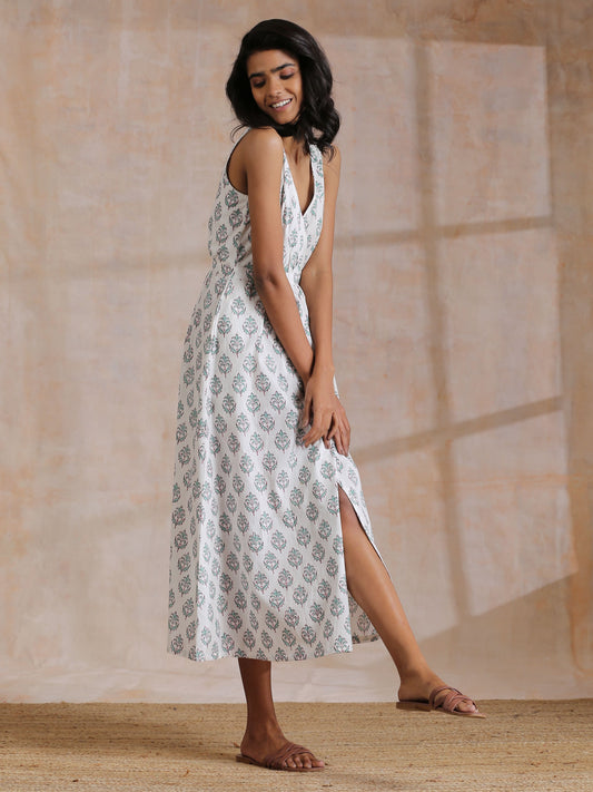 trueBrowns Green Buta On White Block Print Cotton Sleeveless Wrap Dress | Swadesiicart