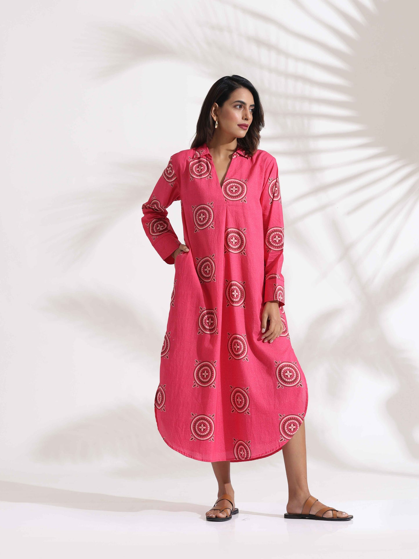 trueBrowns Pink Cotton Print A-line Dress | Swadesiicart