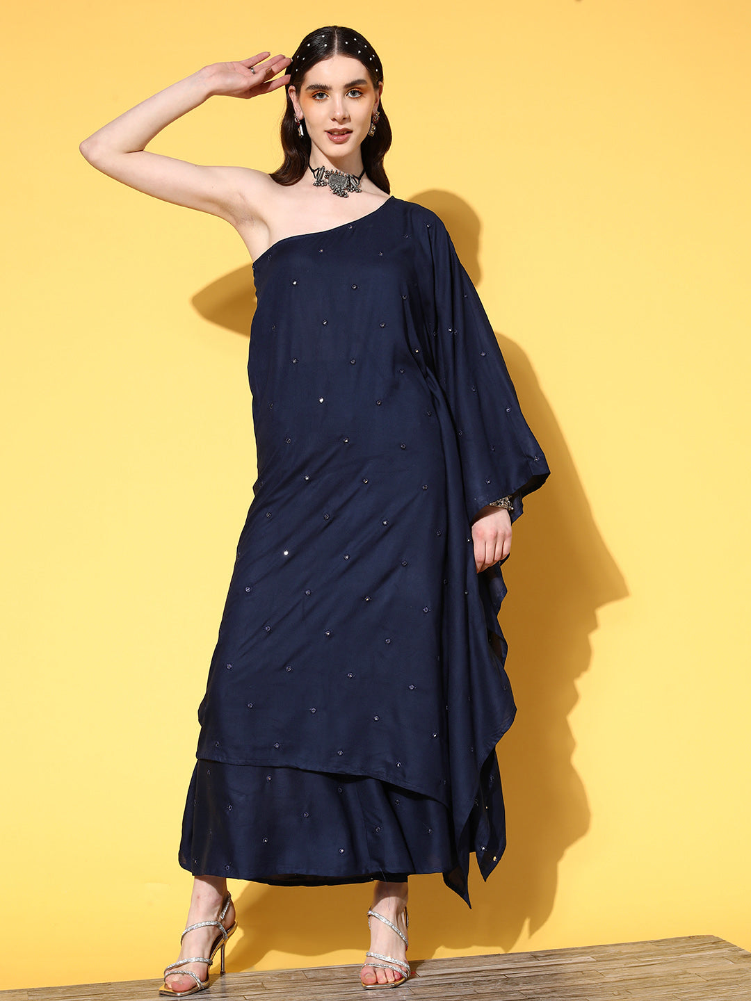 InWeave Women's Navy Mirror Work One Shoulder Kurta Set - Swadesiicart