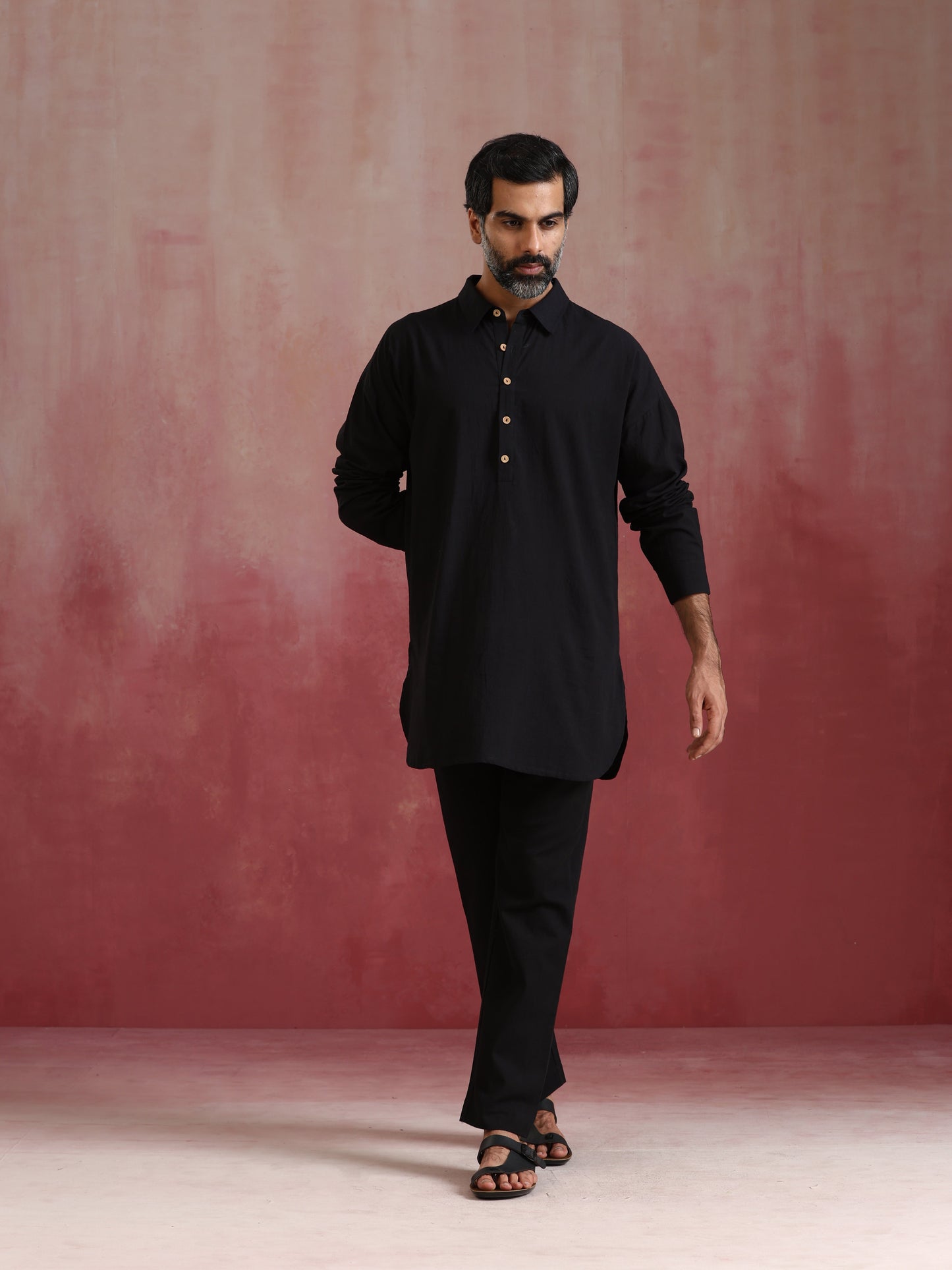 trueBrowns Men's Black Cotton Shirt Collar Stylized Kurta Co-ord set - Swadesiicart