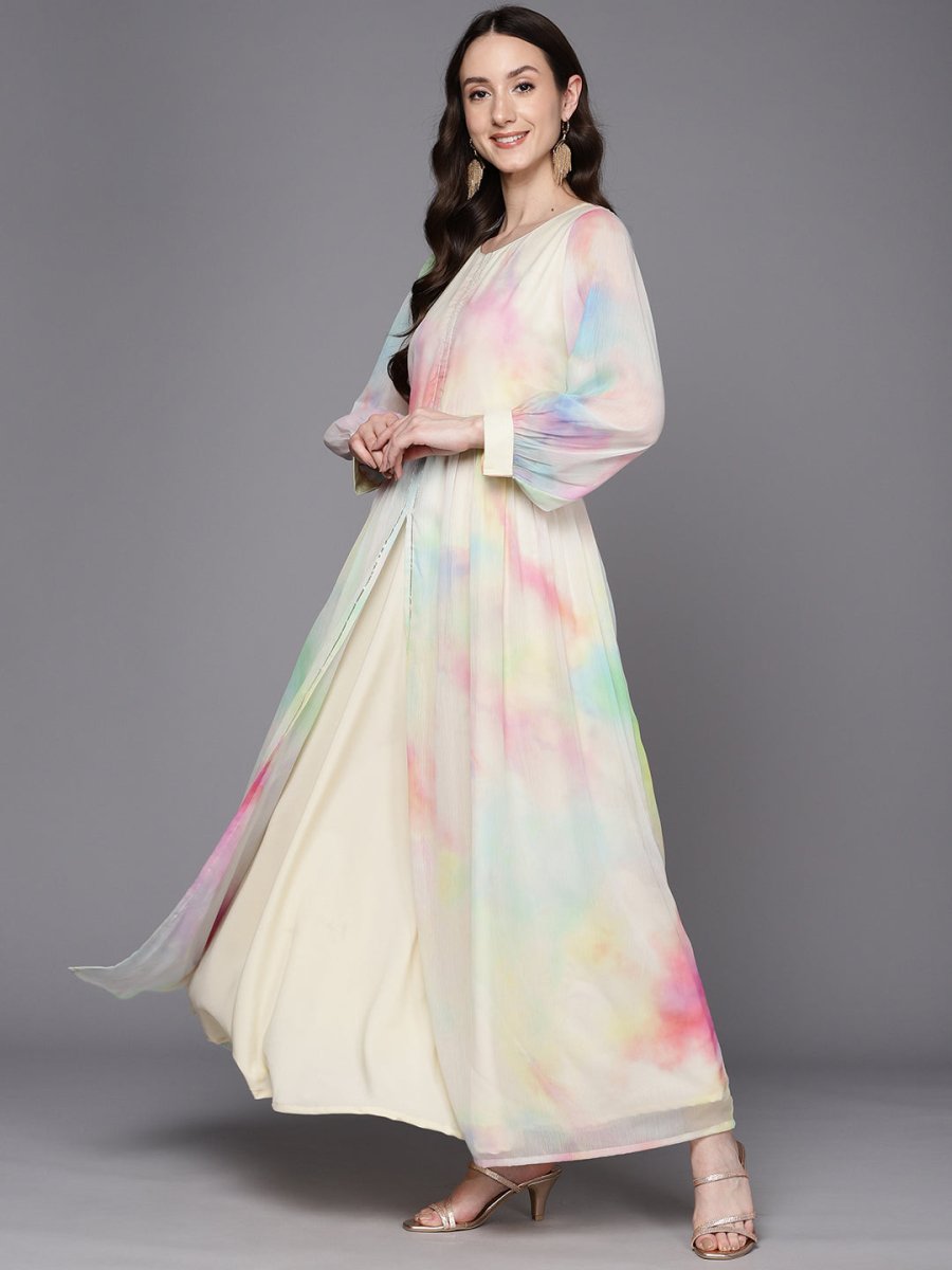 Ahalyaa Abstract Printed Gotta Patti Puff Sleeves Chiffon Maxi Ethnic Dress | Swadesiicart