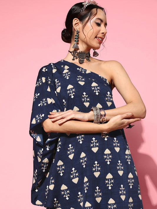 InWeave Women's Blue Boota One Shoulder Top With Palazzo Set - Swadesiicart